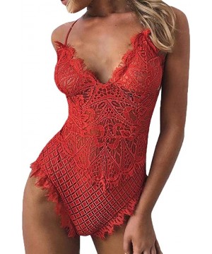 Baby Dolls & Chemises Women Lingerie Bodysuit V-Neck Lace Babydoll Sexy Lingerie Backless Jumpsuit Bodysuit - 1 Red - CG1974A...