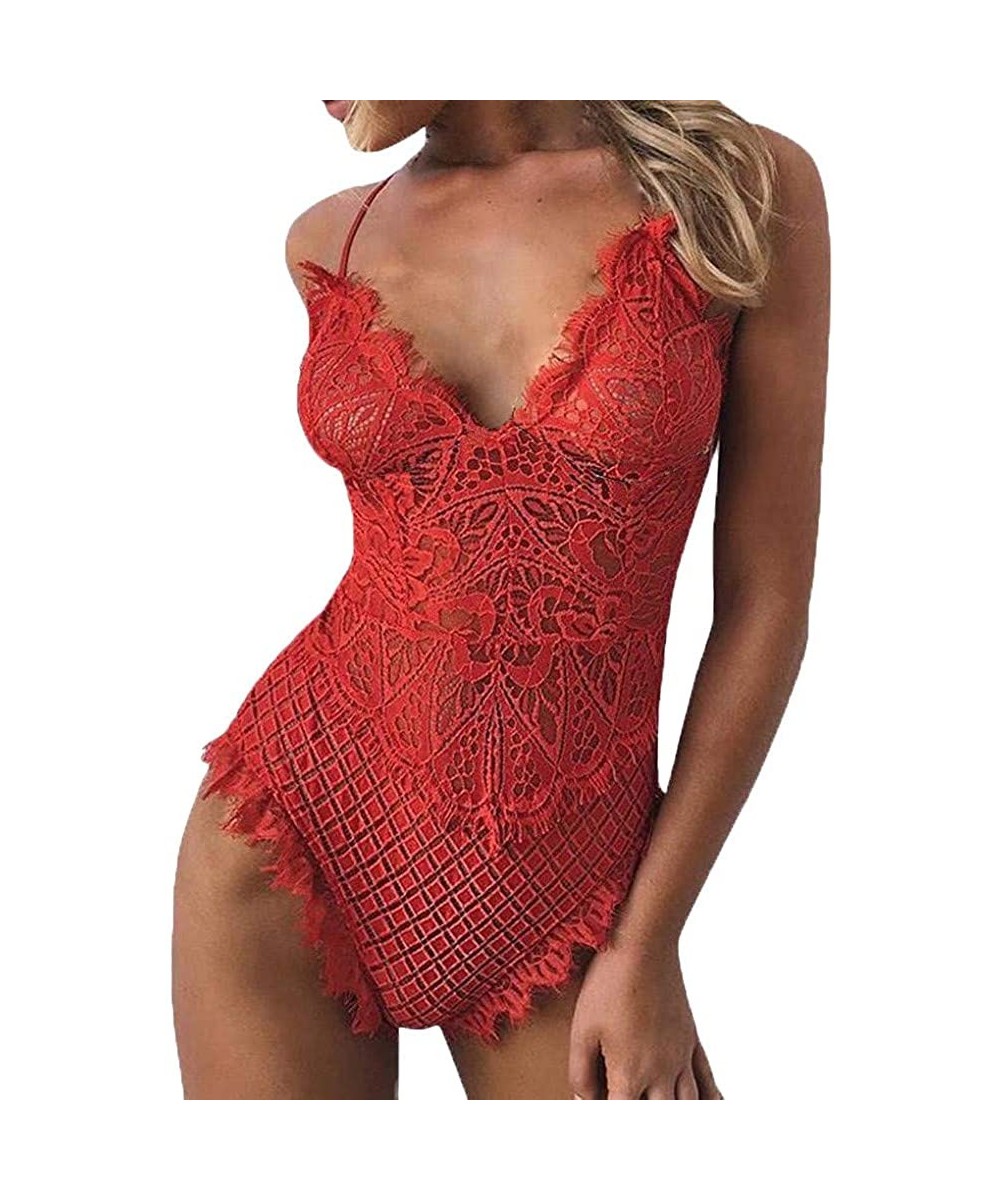 Baby Dolls & Chemises Women Lingerie Bodysuit V-Neck Lace Babydoll Sexy Lingerie Backless Jumpsuit Bodysuit - 1 Red - CG1974A...