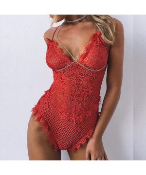 Baby Dolls & Chemises Women Lingerie Bodysuit V-Neck Lace Babydoll Sexy Lingerie Backless Jumpsuit Bodysuit - 1 Red - CG1974A...