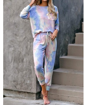 Sets Women Tie Dye Pajama Sets Long Sleeve Tops and Pants PJ Sets Joggers Loungewear Sleepwear - Blue - CQ197AXTOA5