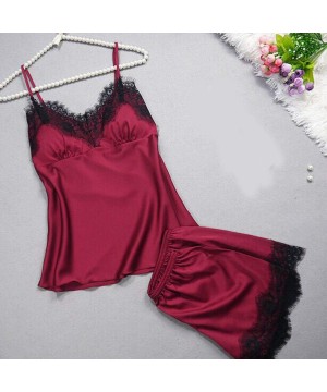 Sets Lace Women Satin Sleepwear Women Pajama Sexy Lingerie Nightwear Summer Tops Night Suit Femme - Black-1 - CD18RRROQ0N