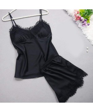 Sets Lace Women Satin Sleepwear Women Pajama Sexy Lingerie Nightwear Summer Tops Night Suit Femme - Black-1 - CD18RRROQ0N