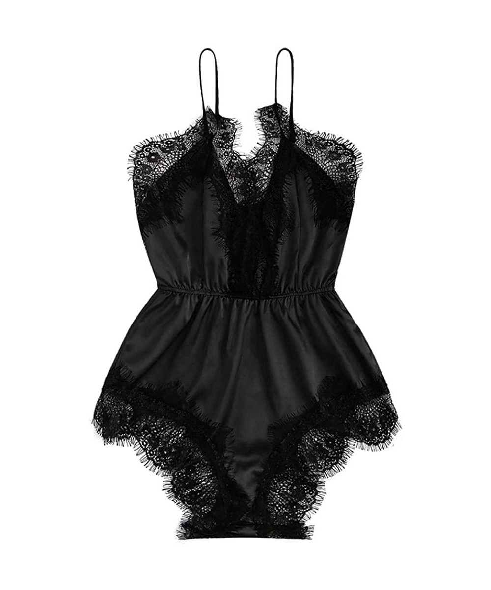 Sets Womens Sexy Babydoll Lingerie Satin Lace One Piece Bodysuit Underwear Comfortable Sleepwear - Black - C319089IQK5