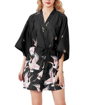 Nightgowns & Sleepshirts Silk Nightdress V Neck Bathrobe Soft Sleepwear Kimono Robe Floral Short Nightgown for Women - Black ...