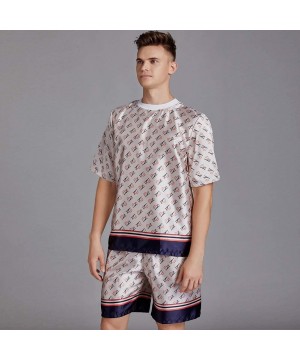 Sleep Sets Men's Printed Pajamas Set- Short Sleeve Tops Shorts- Round Neck Thin Loungewear Home Wear 2 Piece Set - Beige - CV...