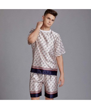 Sleep Sets Men's Printed Pajamas Set- Short Sleeve Tops Shorts- Round Neck Thin Loungewear Home Wear 2 Piece Set - Beige - CV...