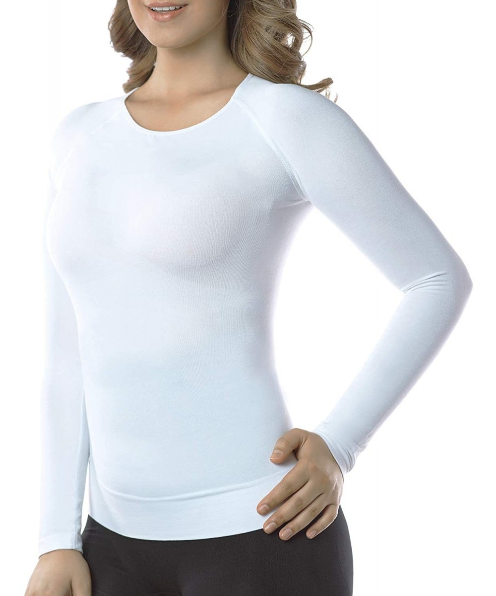 Thermal Underwear Womens Bamboo Slimming Undershirts for Tummy Waist and Bust Long Sleeves Thermal Underwear Round Neck - Whi...