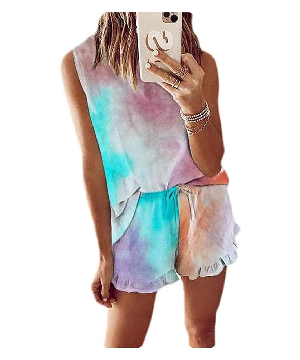 Sets Women's Tie Dyed Shorts Set Sports Set Summer Sleeveless Lounge and Tank - Blue - CI190T2AGZR