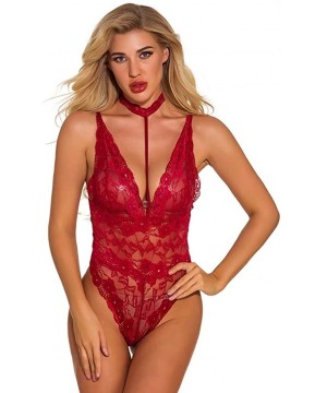 Baby Dolls & Chemises Women Babydoll Deep V Halter Lingerie Lace Chemise Halter Nightwear Teddy Dress Maid Outfit Lace Up Min...