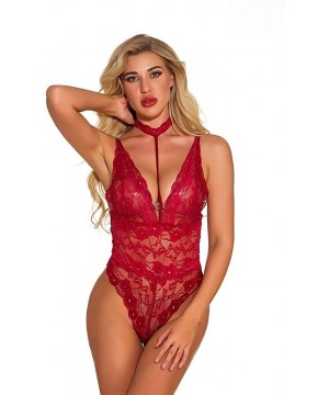 Baby Dolls & Chemises Women Babydoll Deep V Halter Lingerie Lace Chemise Halter Nightwear Teddy Dress Maid Outfit Lace Up Min...