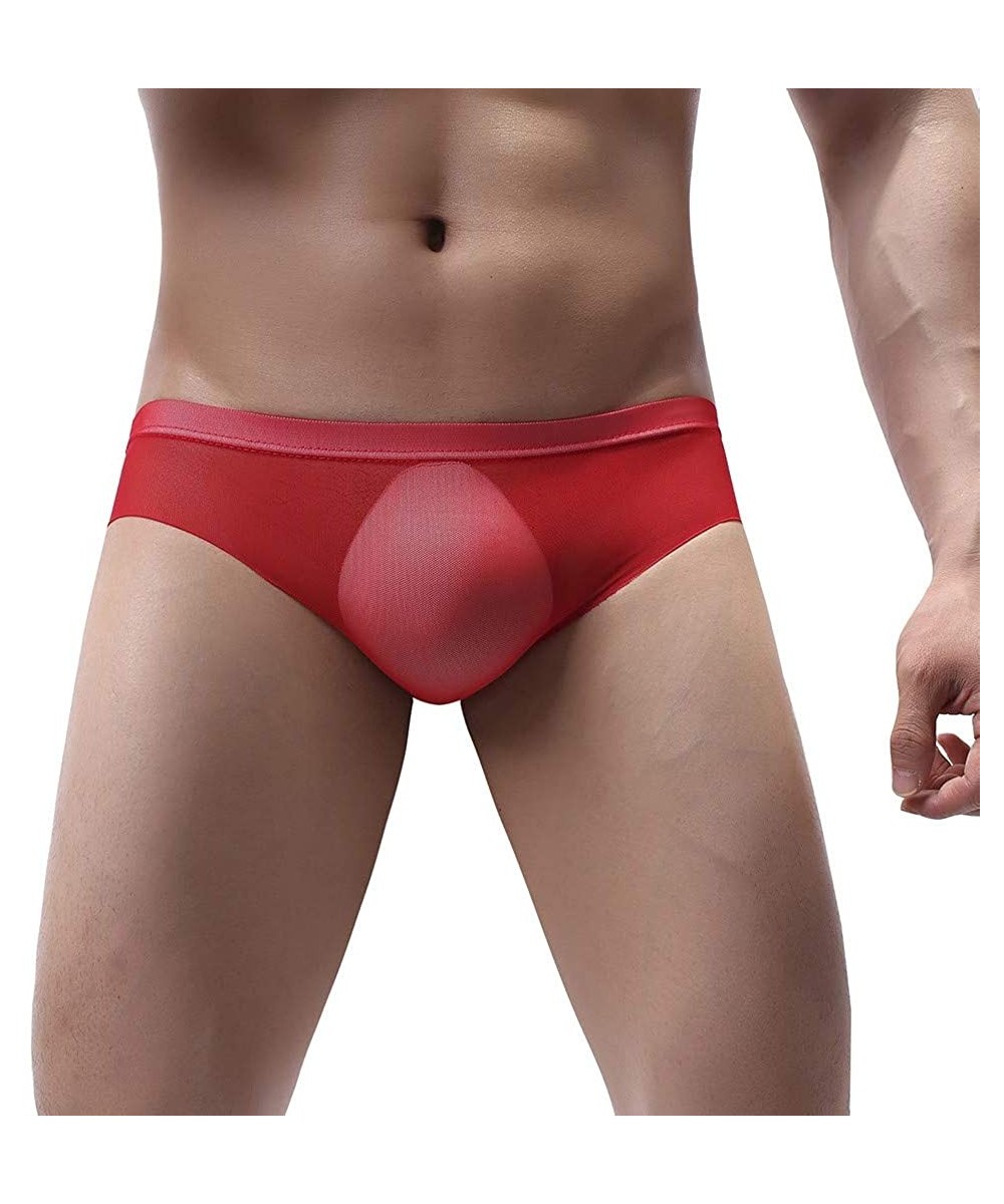 Briefs Men's Sexy Mesh Low Waist Underwear Soft Breathable Knickers Short Briefs - Red - CR18USL7WCY