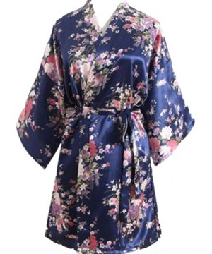 Robes Silk Satin Floral Bridesmaid Robes Gowns Bride Bath Robe Wedding Kimono Robe - Navy Blue - C2190GL4CT5