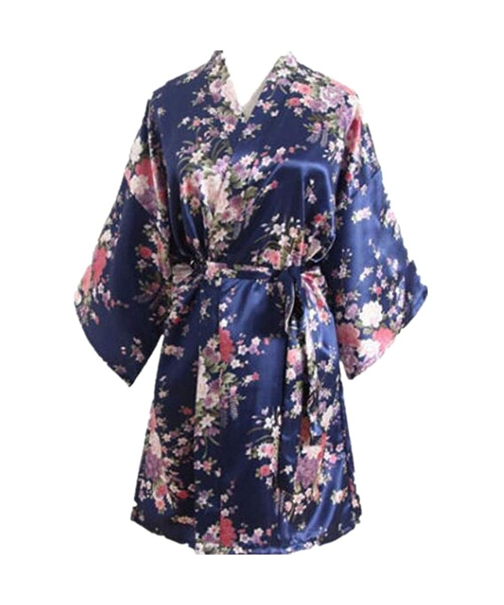 Robes Silk Satin Floral Bridesmaid Robes Gowns Bride Bath Robe Wedding Kimono Robe - Navy Blue - C2190GL4CT5