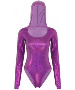 Shapewear Womens Sexy Wetlook Holographic Scoop Neck Long Sleeve Hooded Leotard Bodysuit Clubwear - Purple - CS1939RQUOH