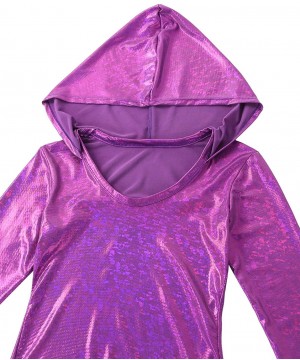 Shapewear Womens Sexy Wetlook Holographic Scoop Neck Long Sleeve Hooded Leotard Bodysuit Clubwear - Purple - CS1939RQUOH