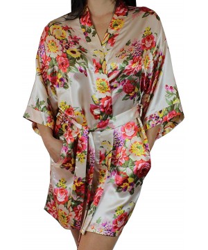 Robes Women's Floral Satin Kimono Short Bridesmaid Robe with Pockets - Silky Touch - Champagne - CQ12N19GLB5