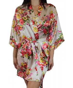 Robes Women's Floral Satin Kimono Short Bridesmaid Robe with Pockets - Silky Touch - Champagne - CQ12N19GLB5