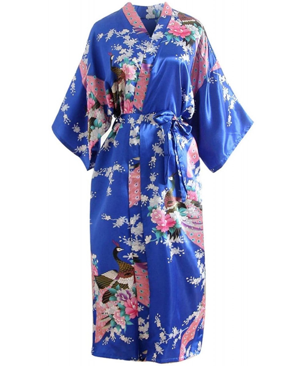 Robes Women's Satin Kimono Robes Bride Bridesmaids Print Blossom Nightdress Wedding Bridal - Blue - CZ18T955Y6Y