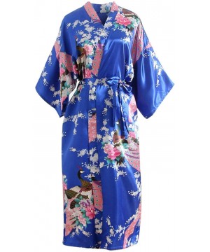 Robes Women's Satin Kimono Robes Bride Bridesmaids Print Blossom Nightdress Wedding Bridal - Blue - CZ18T955Y6Y