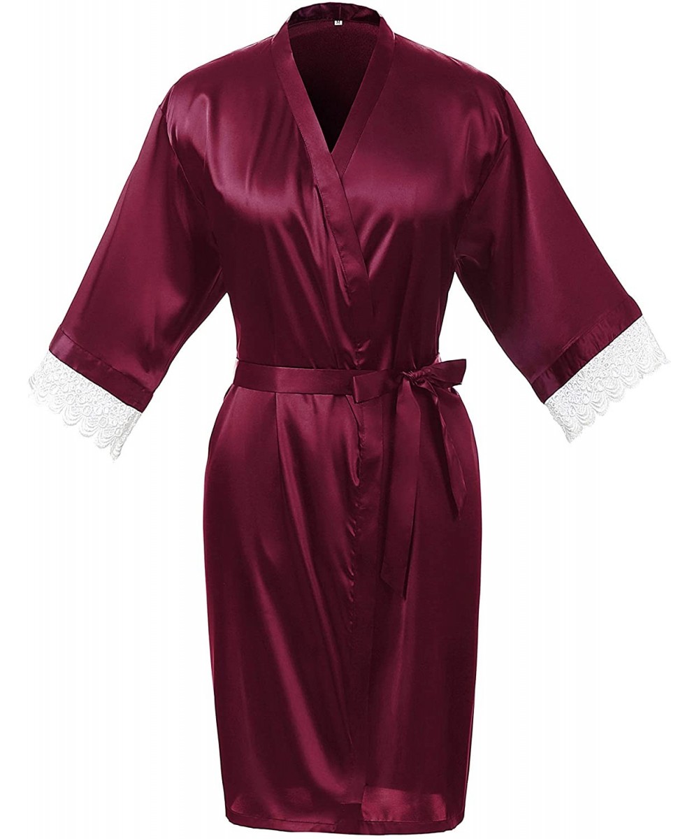 Robes Timormode Womens Silk Robes Satin Kimono Robes Short Bridesmaid Robes with Lace - C Burgundy - CV19C5TZOS0