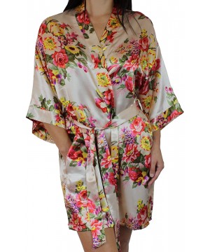 Robes Women's Floral Satin Kimono Short Bridesmaid Robe with Pockets - Silky Touch - Champagne - CQ12N19GLB5