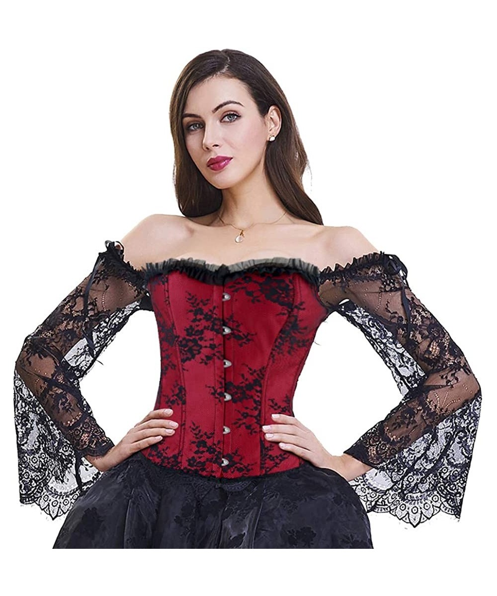 Bustiers & Corsets Women's Victorian Off Shoulder Long Sleeves Lace Overbust Corset - Black/Red - CX18N8HLHEO