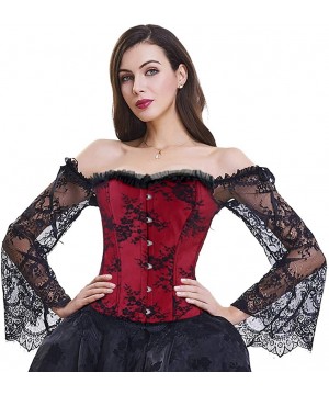 Bustiers & Corsets Women's Victorian Off Shoulder Long Sleeves Lace Overbust Corset - Black/Red - CX18N8HLHEO