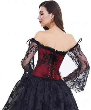 Bustiers & Corsets Women's Victorian Off Shoulder Long Sleeves Lace Overbust Corset - Black/Red - CX18N8HLHEO