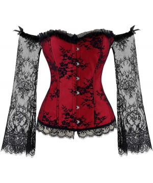 Bustiers & Corsets Women's Victorian Off Shoulder Long Sleeves Lace Overbust Corset - Black/Red - CX18N8HLHEO