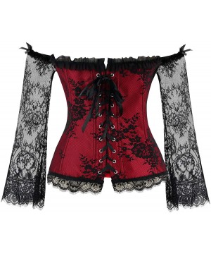 Bustiers & Corsets Women's Victorian Off Shoulder Long Sleeves Lace Overbust Corset - Black/Red - CX18N8HLHEO