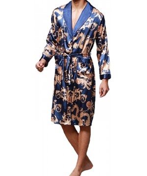 Robes Men Robes Nightgown Bathrobe Faux Silk Long Sleeve Chinese Dragon Print Pajamas Sleepwear Kimono Men Long Homewear - Bl...