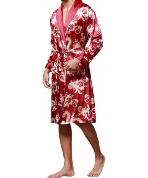 Robes Men Robes Nightgown Bathrobe Faux Silk Long Sleeve Chinese Dragon Print Pajamas Sleepwear Kimono Men Long Homewear - Bl...