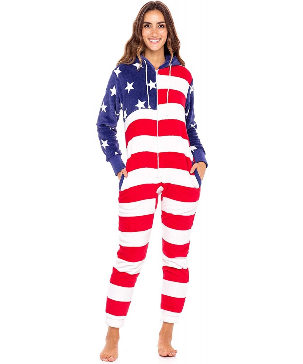 Sets Women's Warm Fleece One Piece Footed Pajamas- Adult Onesie with Hood - American Flag Limited Edition (Not Footed) - CG11...