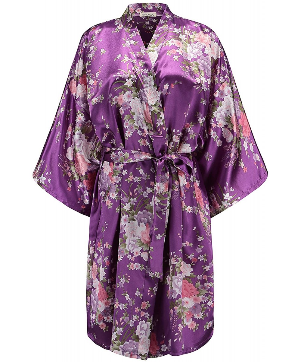 Robes Women Floral Satin Robe Bridal Dressing Gown Wedding Bride Bridesmaid Kimono Sleepwear - Deep Blue - CJ18460K52R