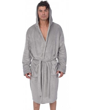 Robes Men's Hooded Premium Plush Fleece Lounge Bathrobe - Light Grey - CQ18KNL995M