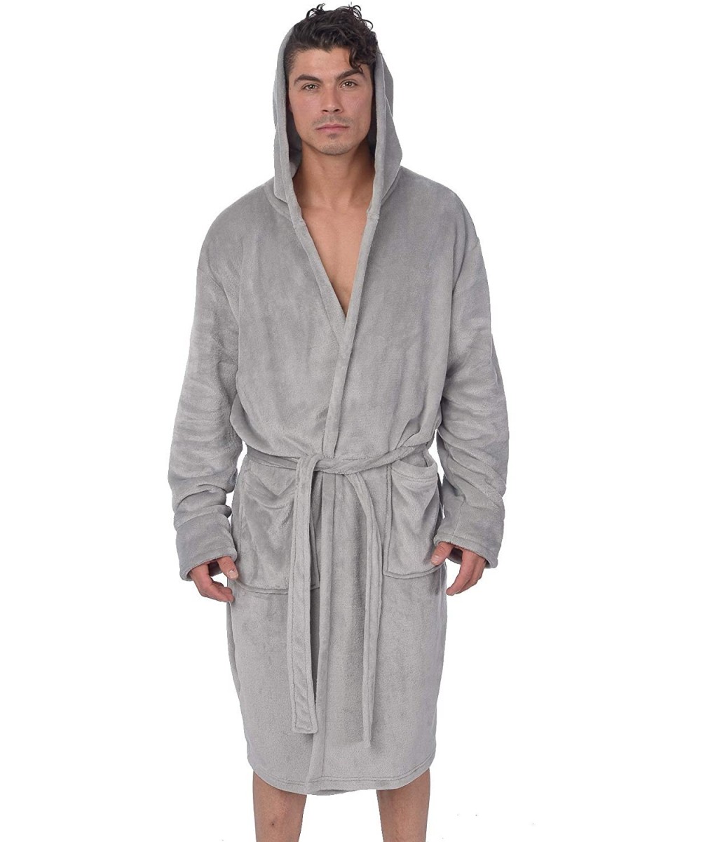 Robes Men's Hooded Premium Plush Fleece Lounge Bathrobe - Light Grey - CQ18KNL995M