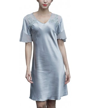 Nightgowns & Sleepshirts Women's Loose Fit Nightgown Silk Short Sleeves Lingerie Soft Floral Lace Sleep Dress - Blue - C918TA...