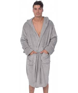 Robes Men's Hooded Premium Plush Fleece Lounge Bathrobe - Light Grey - CQ18KNL995M