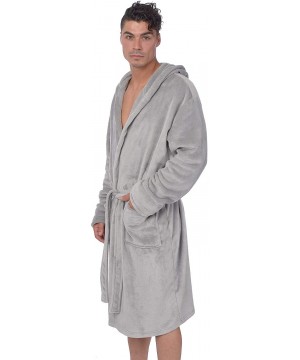 Robes Men's Hooded Premium Plush Fleece Lounge Bathrobe - Light Grey - CQ18KNL995M