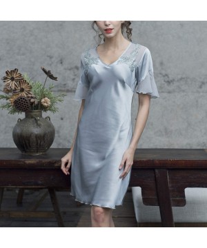 Nightgowns & Sleepshirts Women's Loose Fit Nightgown Silk Short Sleeves Lingerie Soft Floral Lace Sleep Dress - Blue - C918TA...