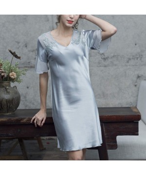 Nightgowns & Sleepshirts Women's Loose Fit Nightgown Silk Short Sleeves Lingerie Soft Floral Lace Sleep Dress - Blue - C918TA...