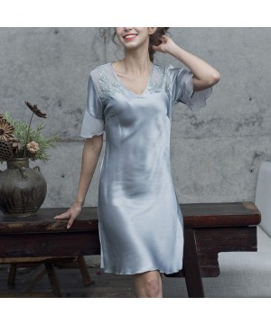 Nightgowns & Sleepshirts Women's Loose Fit Nightgown Silk Short Sleeves Lingerie Soft Floral Lace Sleep Dress - Blue - C918TA...