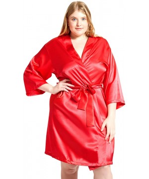 Robes Women's Satin 3/4 Sleeve Plus Size Kimono Robe Matching Sash Regular/Long Length - Red - CZ18G6IRODZ