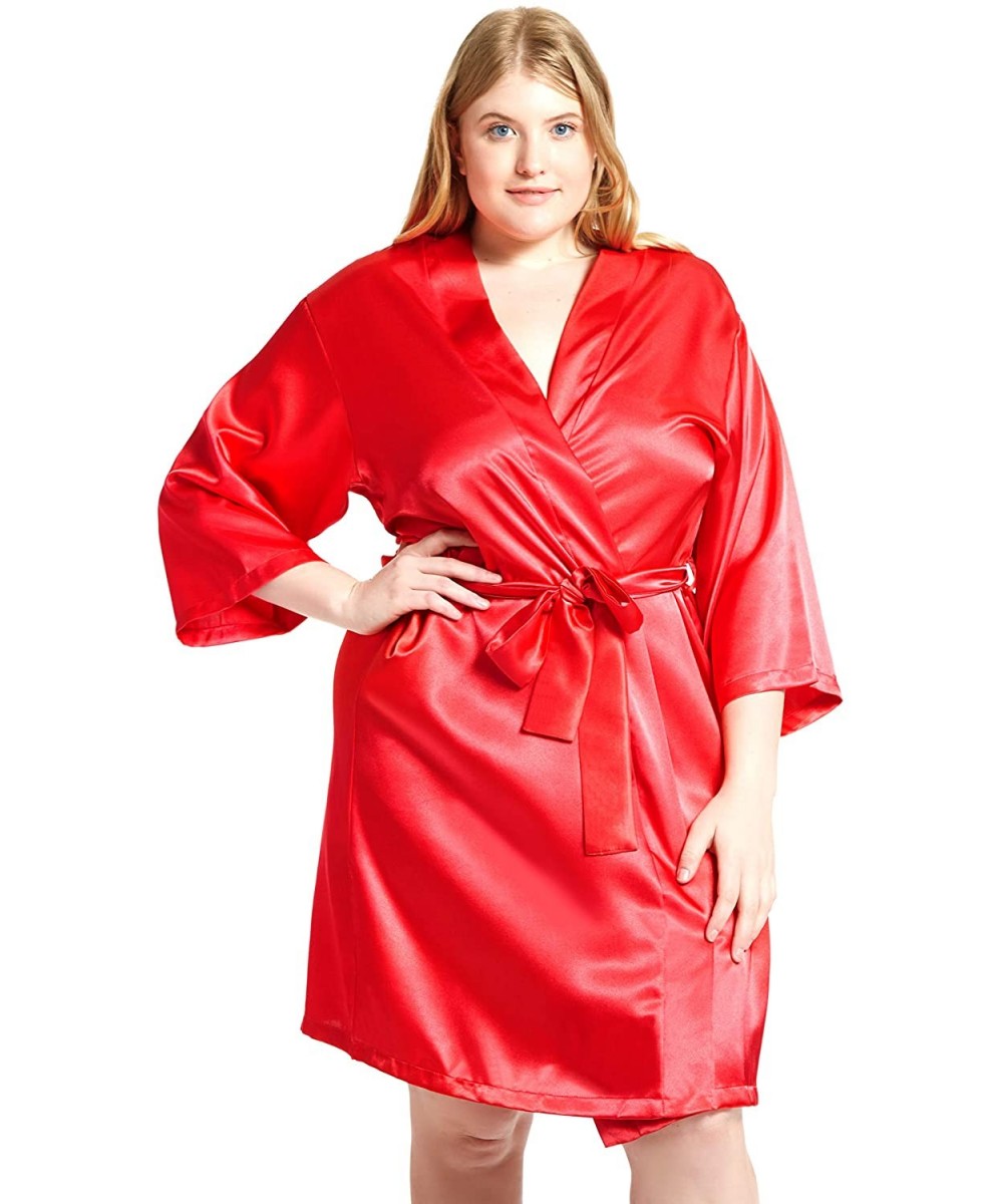 Robes Women's Satin 3/4 Sleeve Plus Size Kimono Robe Matching Sash Regular/Long Length - Red - CZ18G6IRODZ