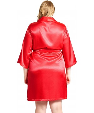 Robes Women's Satin 3/4 Sleeve Plus Size Kimono Robe Matching Sash Regular/Long Length - Red - CZ18G6IRODZ