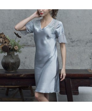 Nightgowns & Sleepshirts Women's Loose Fit Nightgown Silk Short Sleeves Lingerie Soft Floral Lace Sleep Dress - Blue - C918TA...