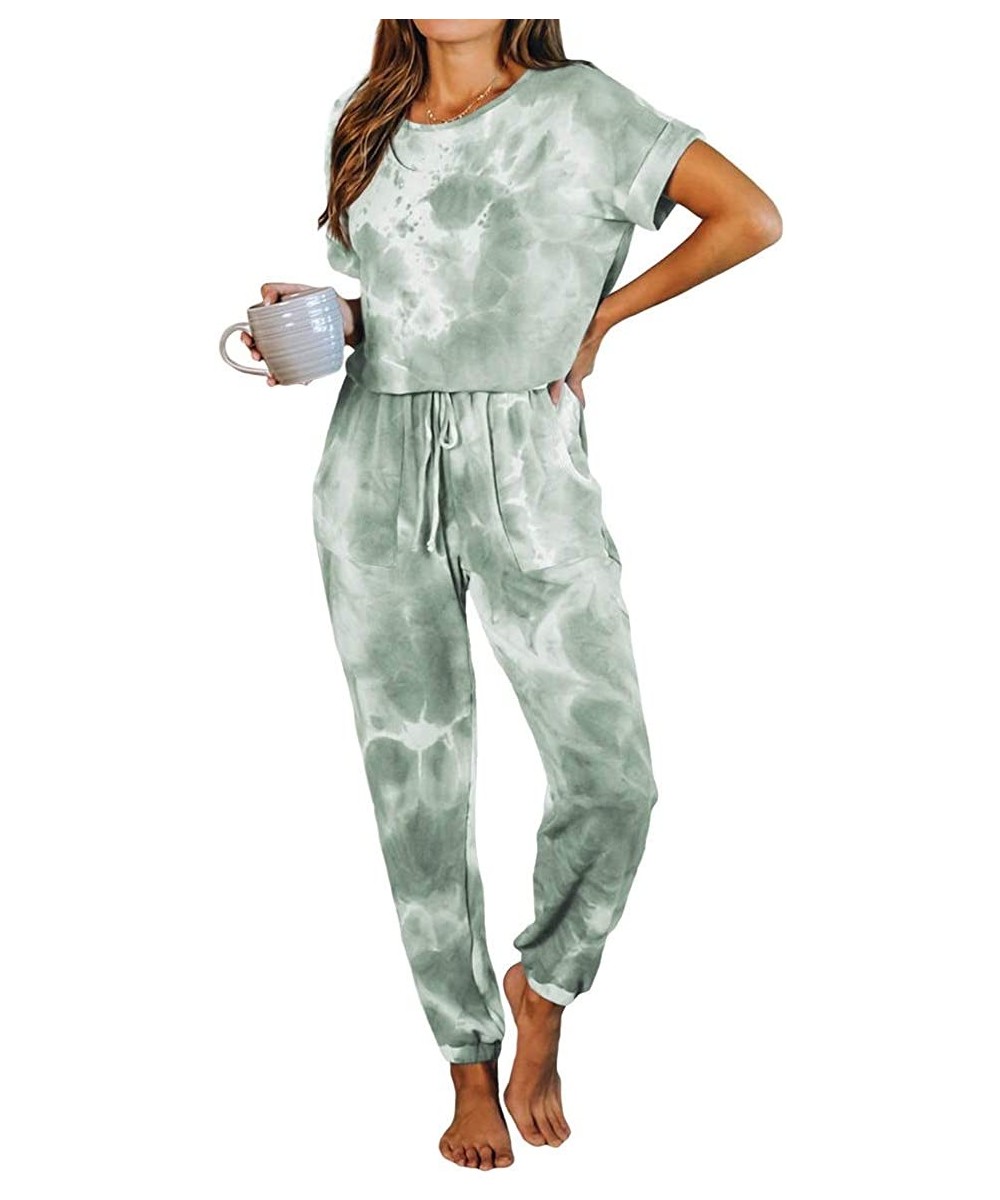 Sets Women's Tie Dye Print Loungewear Short Sleeve One Piece Long Pajamas Set Jumpsuits Sleepwear Nightwear with Pockets - Gr...