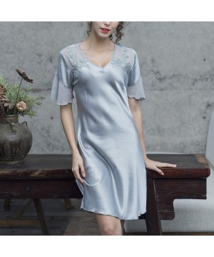 Nightgowns & Sleepshirts Women's Loose Fit Nightgown Silk Short Sleeves Lingerie Soft Floral Lace Sleep Dress - Blue - C918TA...