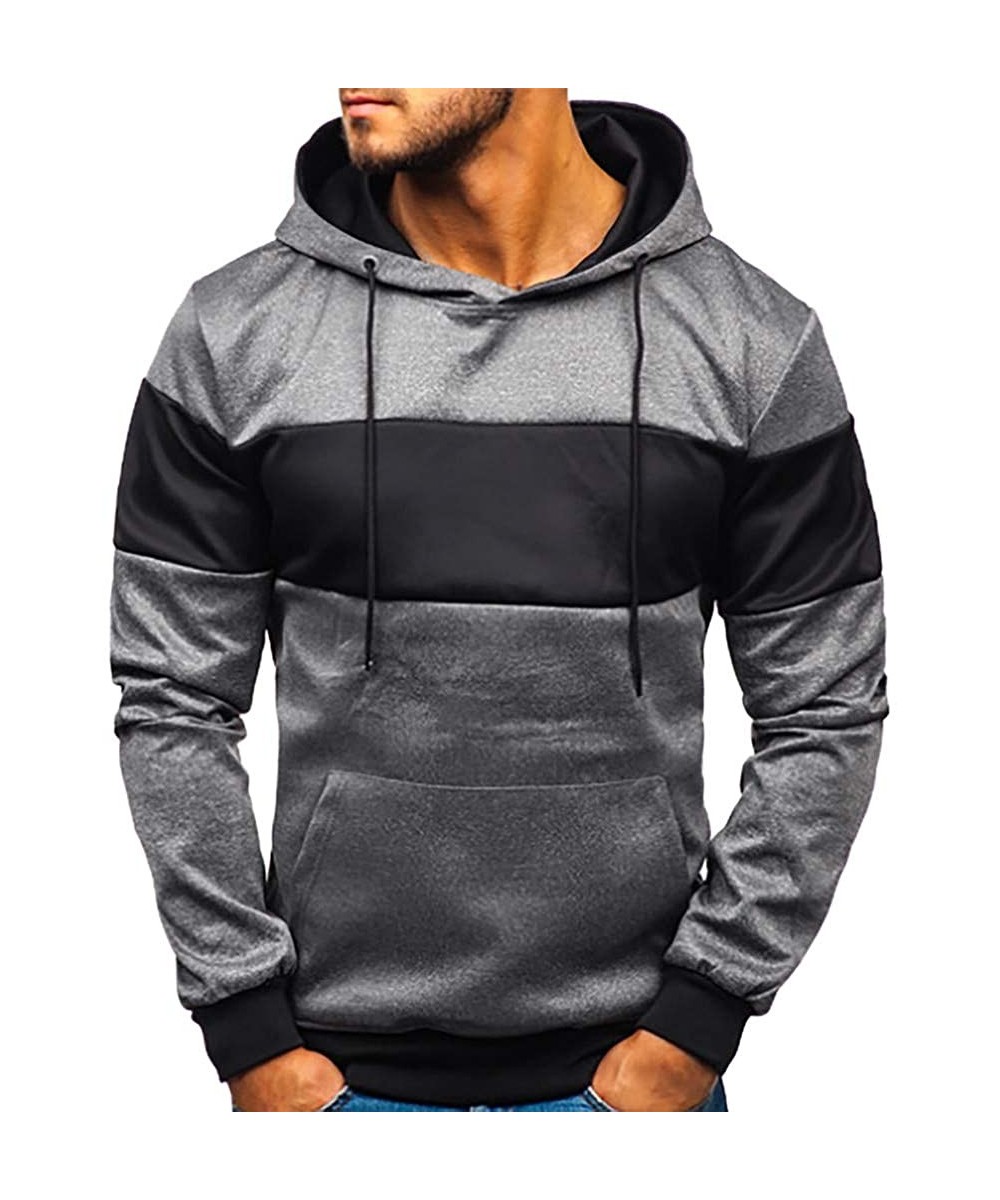 Thermal Underwear Men Patchwork Drawstring Hoodie Pure Color Hooded Long Sleeve Sweatshirt Pullover with Pockets - Gray - CV1...