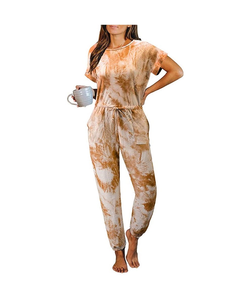 Sets Womens Tie Dye Printed Long Pajamas Set One Piece Short Sleeve PJ Sets Jumpsuit Loungewear Nightwear - Yellow - CH1988297I2